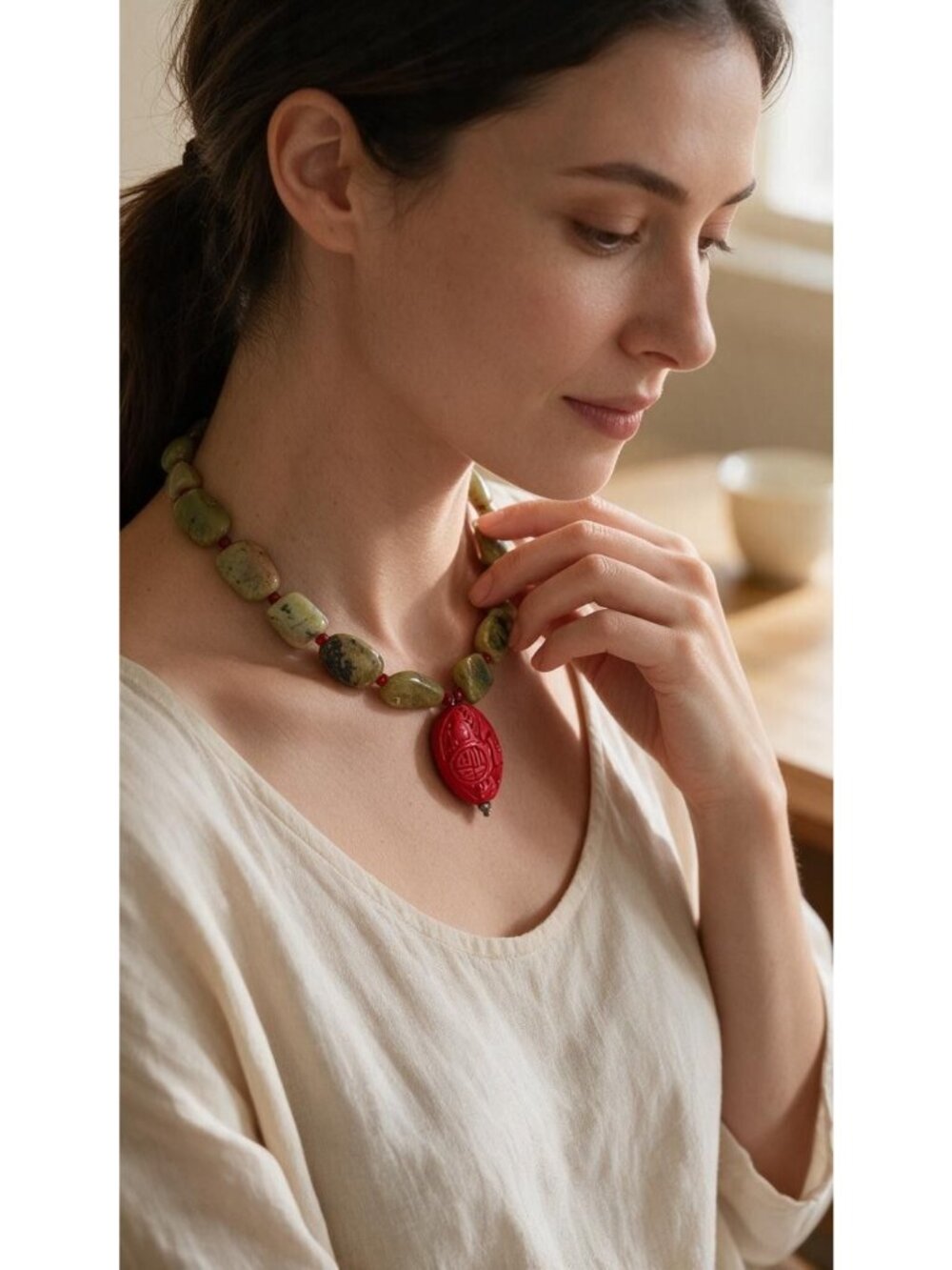 Global Boho Chic Artisanal Serpentine & Carnelian Necklace, Oval Cinnabar Pendan